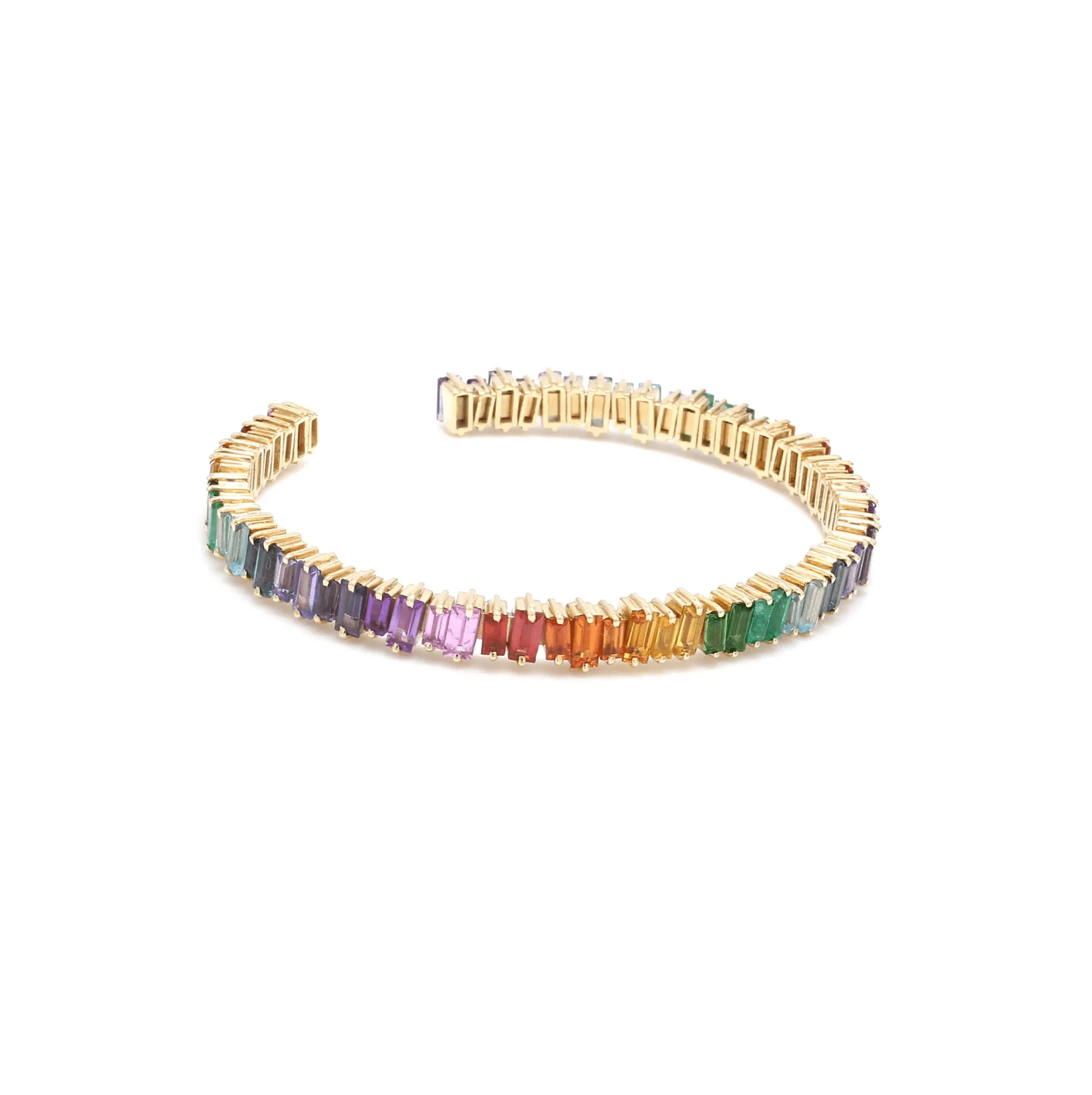 14K & 18K Gold Rainbow Sapphire Random Set Baguette 3/4 Bangle Cuff Tennis Bracelet