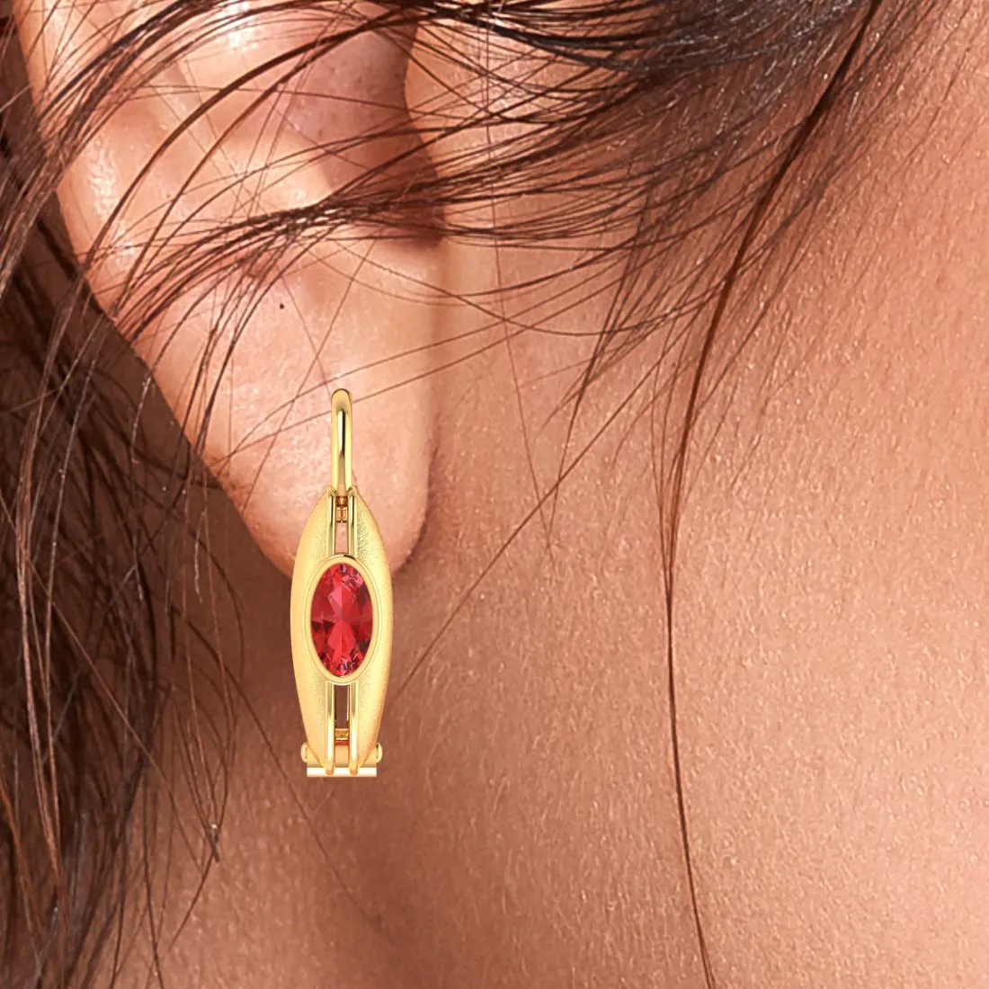 14k Circular Gold Earrings With Red Stone