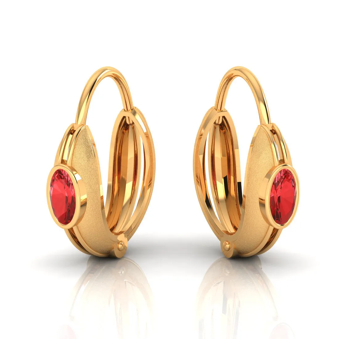 14k Circular Gold Earrings With Red Stone