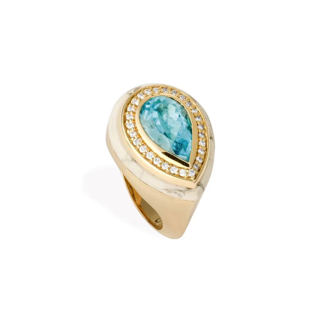 14K Cupcake Ring Aqua Topaz and Howlite