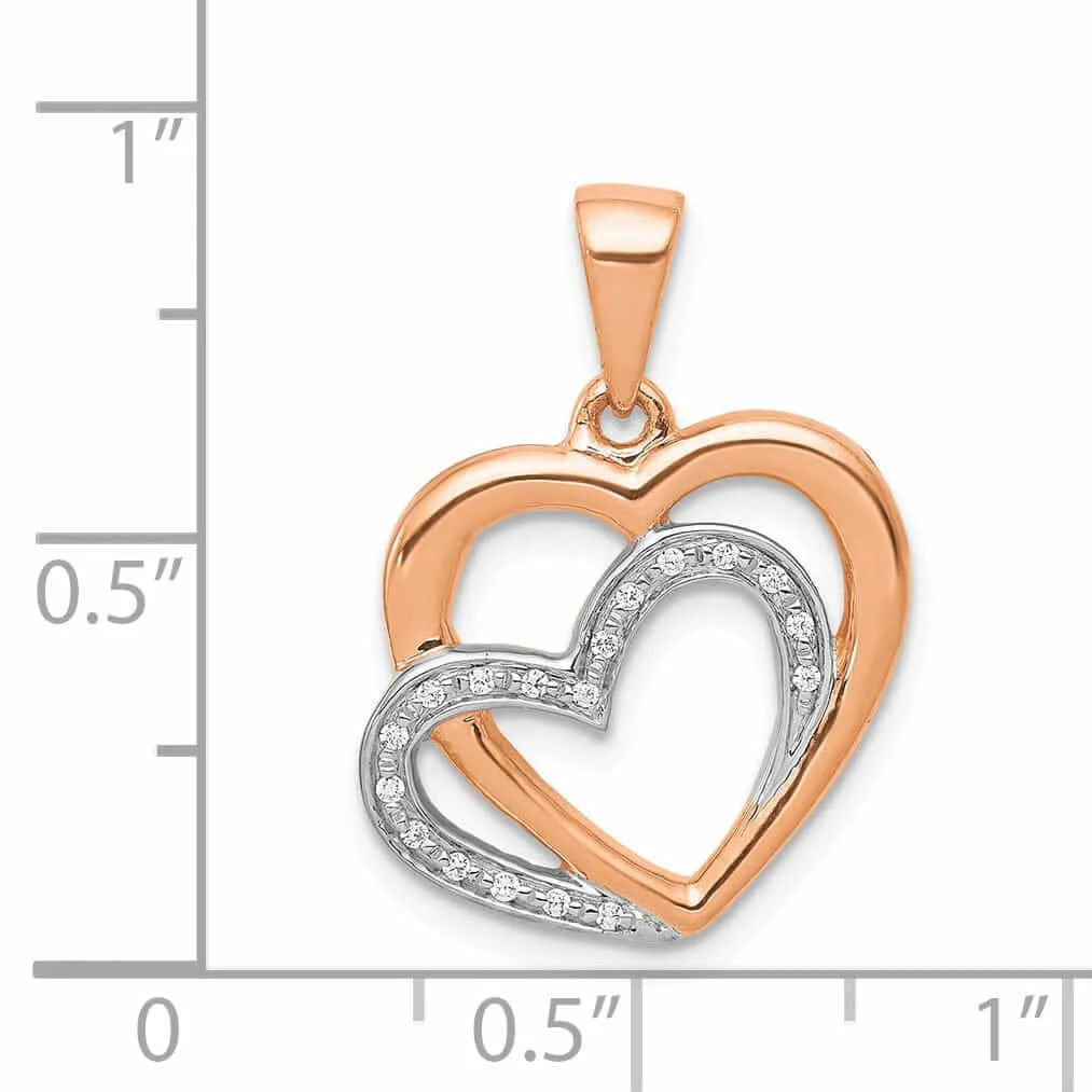 14k Rose Gold, White Rhodium Polished Finish Open Back 0.054-CT Diamond Two Entwined Hearts Design Charm Pendant