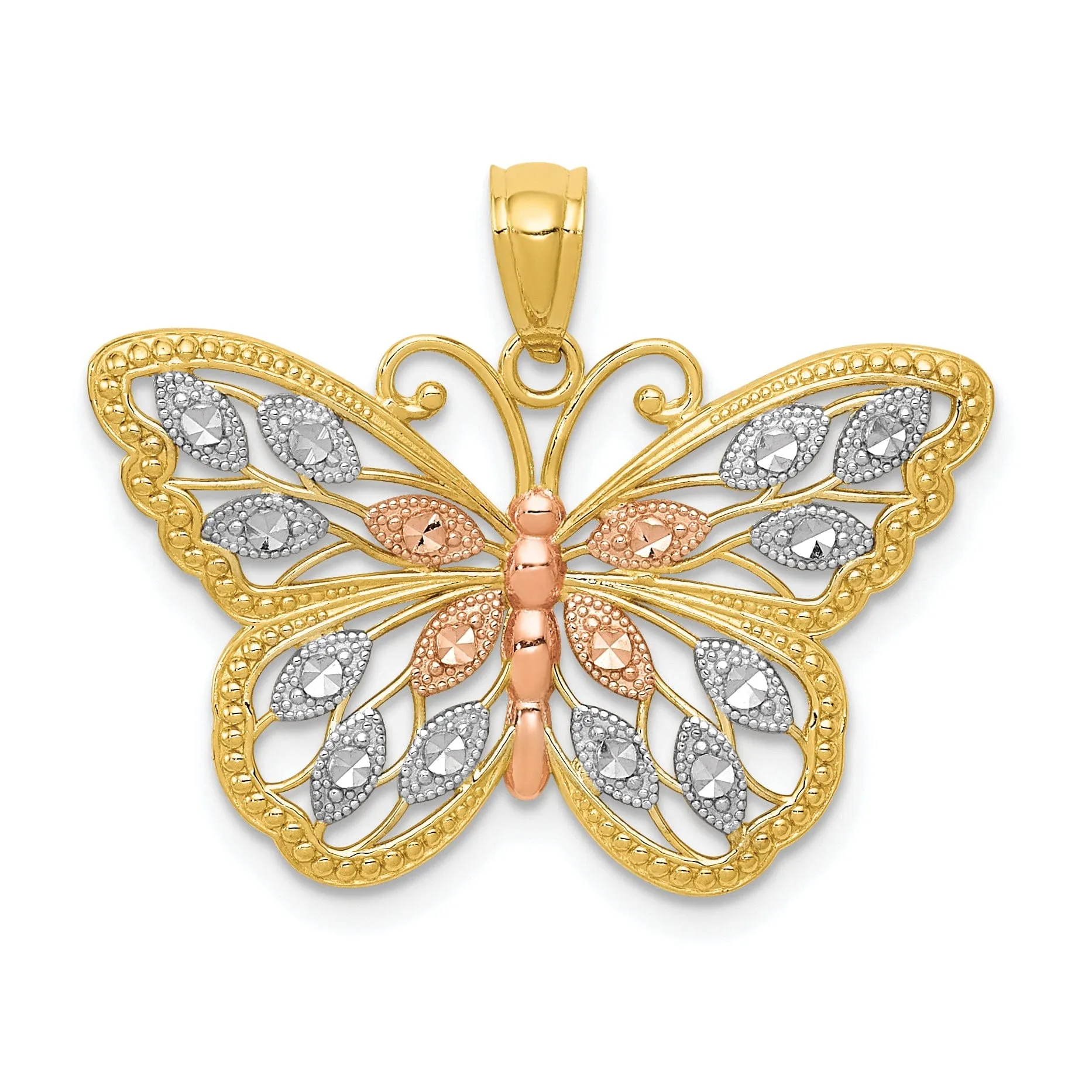 14k Two-tone Gold with Rose Rhodium Casted Textured Back Solid Polished Finish Diamond-cut Butterfly Charm Pendant