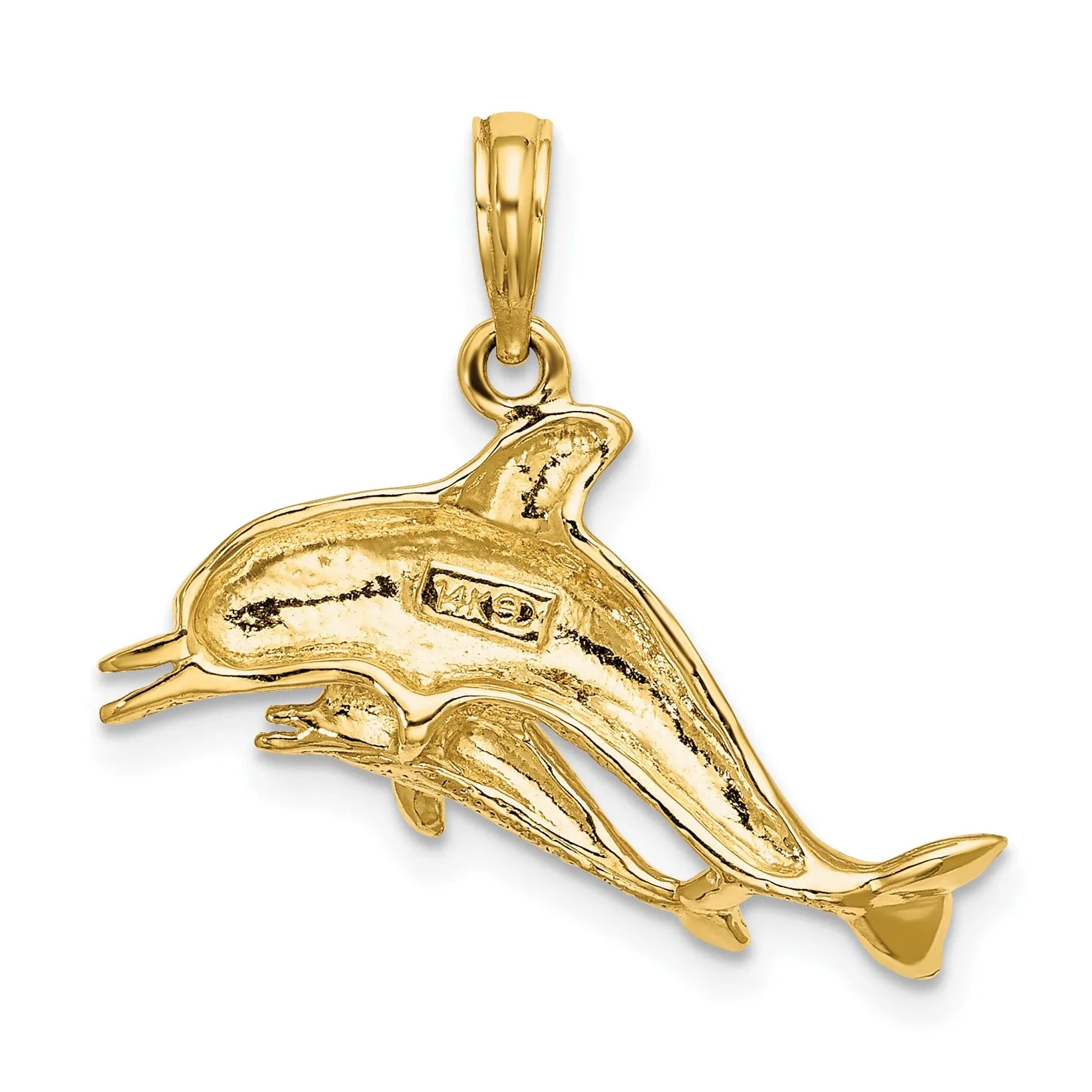 14K Yellow Gold Polished Finish 2-Dimensional Double Dolphins Swimming Together Charm Pendant