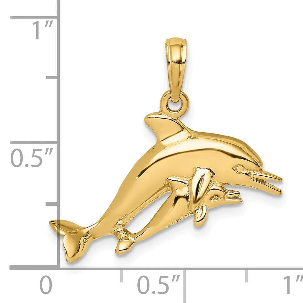 14K Yellow Gold Polished Finish 2-Dimensional Double Dolphins Swimming Together Charm Pendant