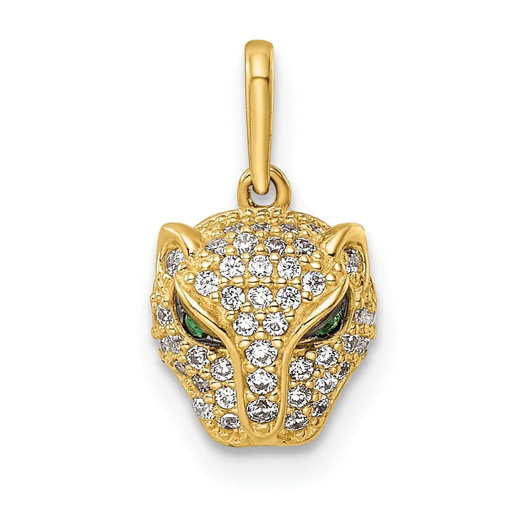 14K Yellow Gold Polished Finish White Cubic Zirconia Lioness with Green Eye Stones Head Design Charm Pendant