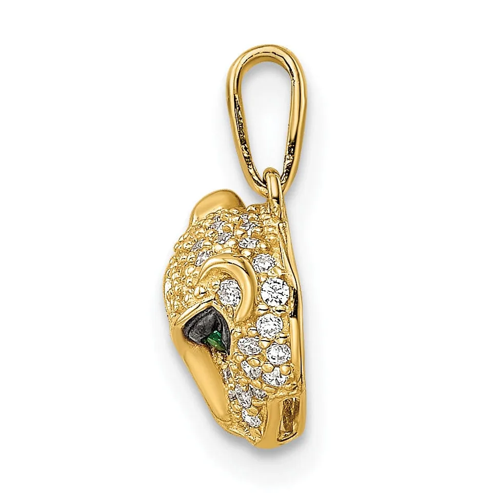 14K Yellow Gold Polished Finish White Cubic Zirconia Lioness with Green Eye Stones Head Design Charm Pendant