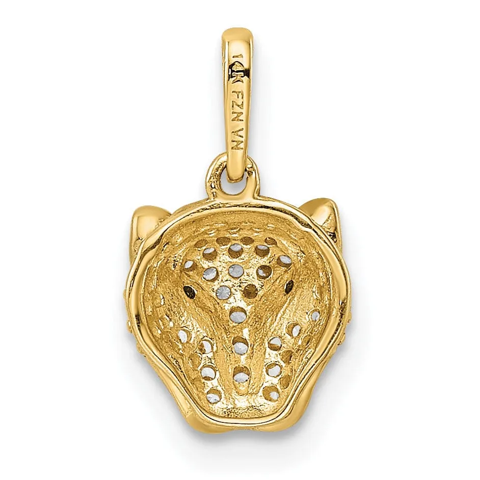 14K Yellow Gold Polished Finish White Cubic Zirconia Lioness with Green Eye Stones Head Design Charm Pendant