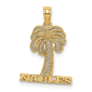 14K Yellow Gold Polished Textured Finish NAPLES Florida Sign Under Palm Tree Circle Charm Design Pendant