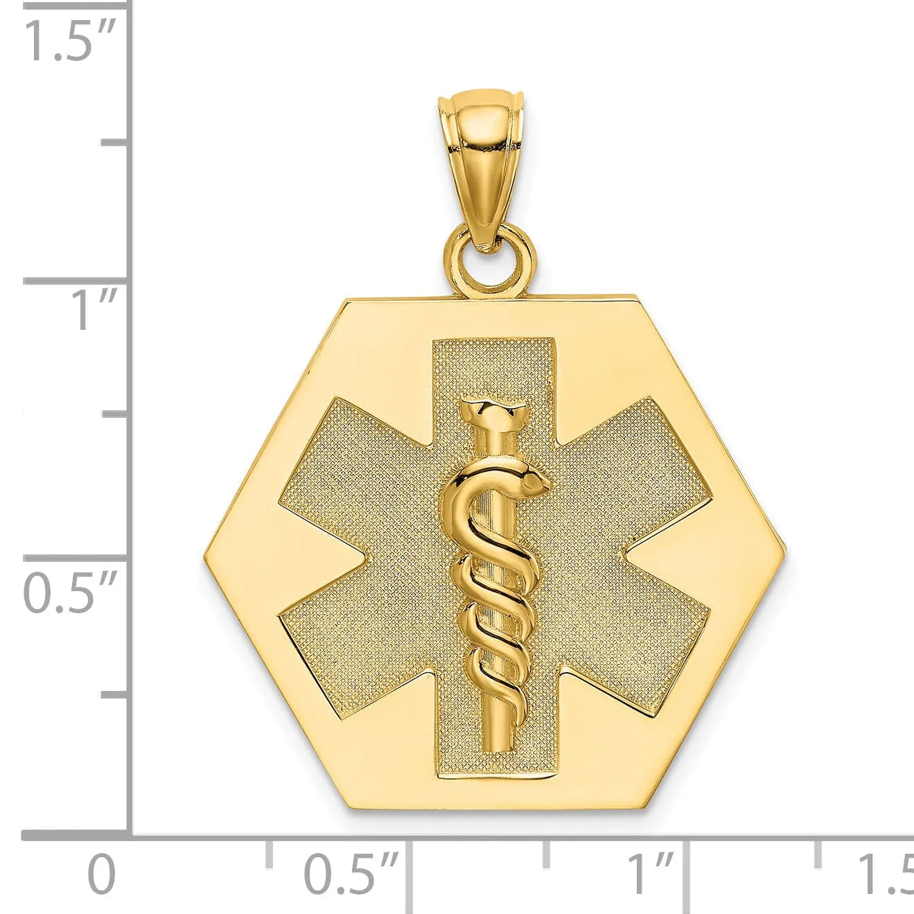 14K Yellow Gold Textured Back Polished Finish Caduceus Medical Disc Hexagon Shape Charm Pendant