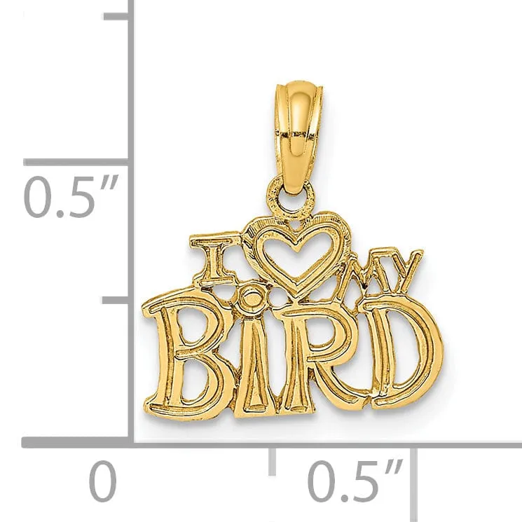 14K Yellow Gold Textured Solid Polished Finish I HEART MY BIRD Design Charm Pendant