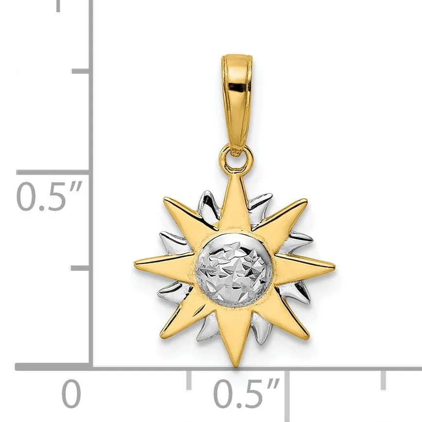 14k Yellow Gold White Rhodium Open Back Solid Diamond Cut Polished Finish Sun Charm Pendant