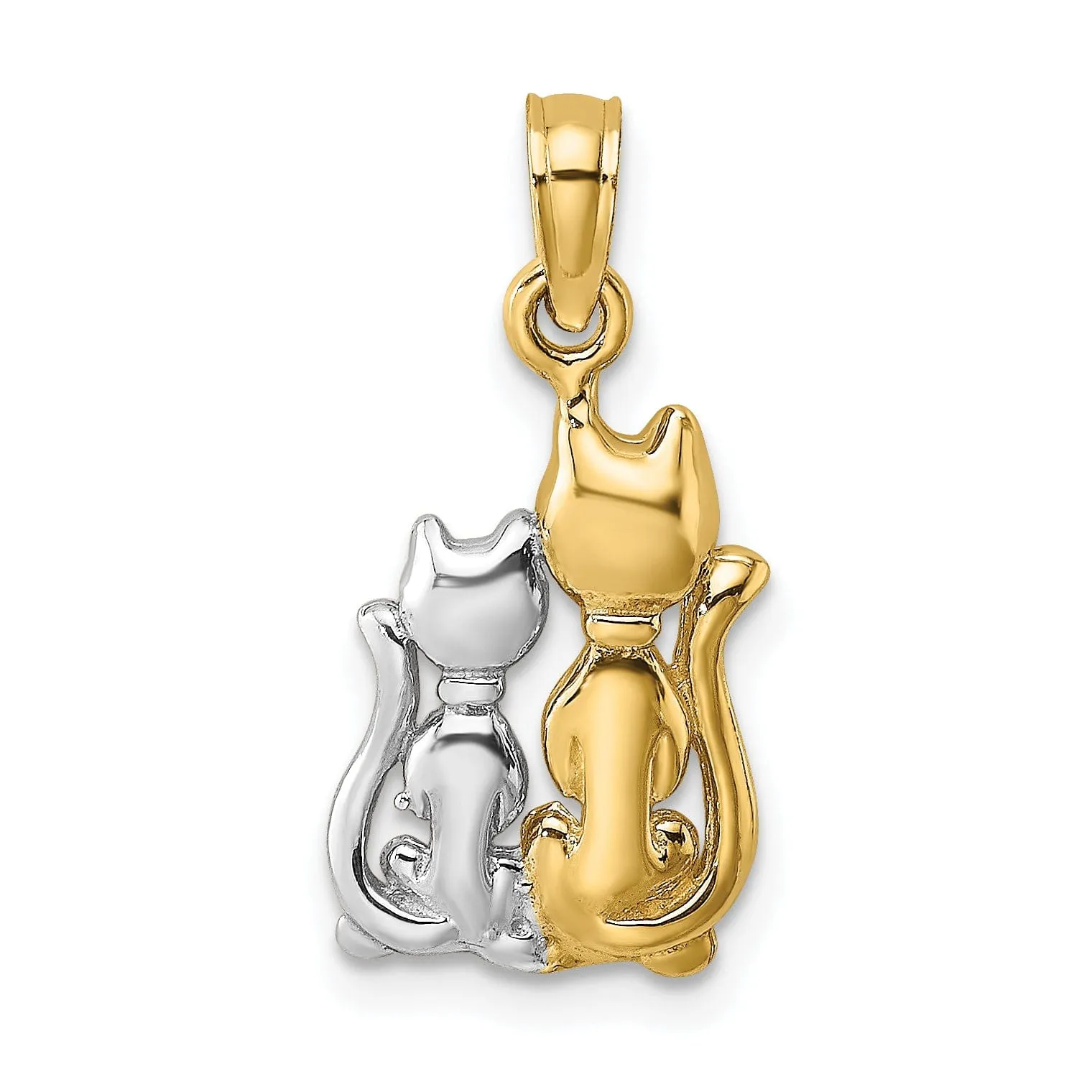 14k Yellow Gold White Rhodium Polished Finish Two Cats Sitting Charm Pendant