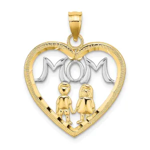 14k Yellow Gold, White Rhodium Textured Polished Finish MOM with 2 Kids in Heart Design Charm Pendant