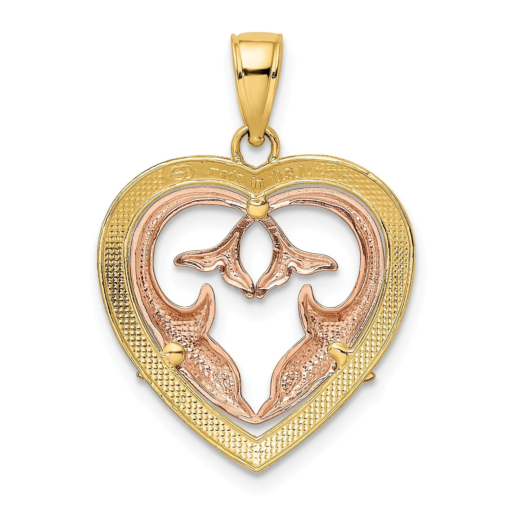 14K Yellow Rose Gold White Rhodium Polished Finish Dolphins In Heart Design Frame Charm Pendant