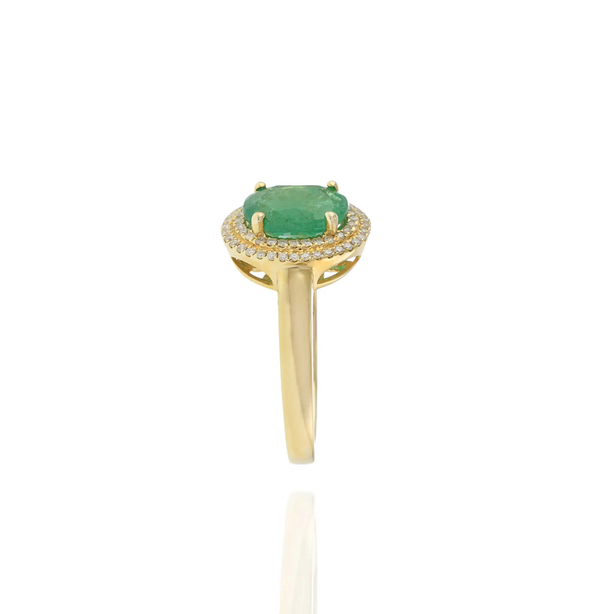 14KT Yellow Gold Oval Emerald with Round Cut Diamond Double Halo Ring