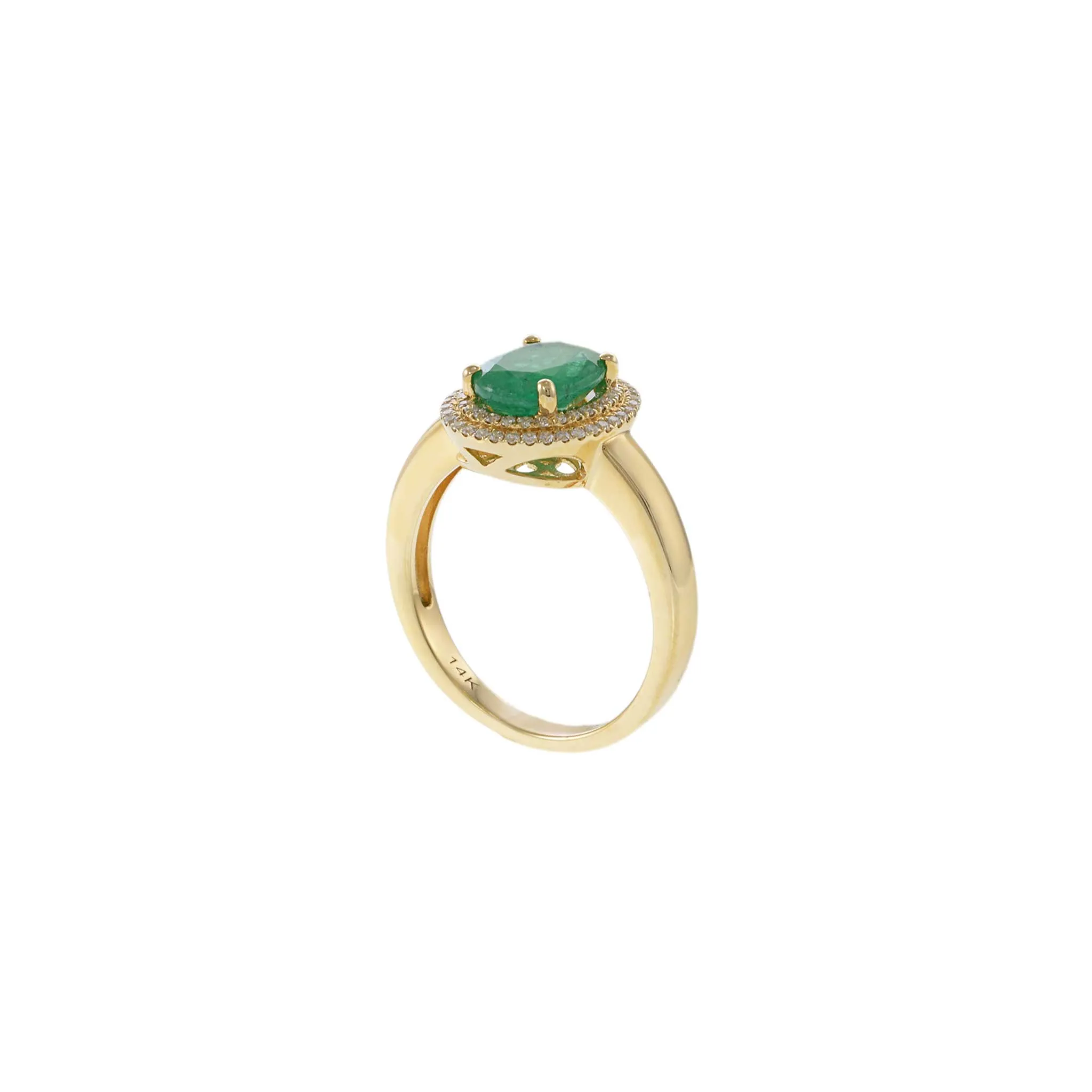 14KT Yellow Gold Oval Emerald with Round Cut Diamond Double Halo Ring