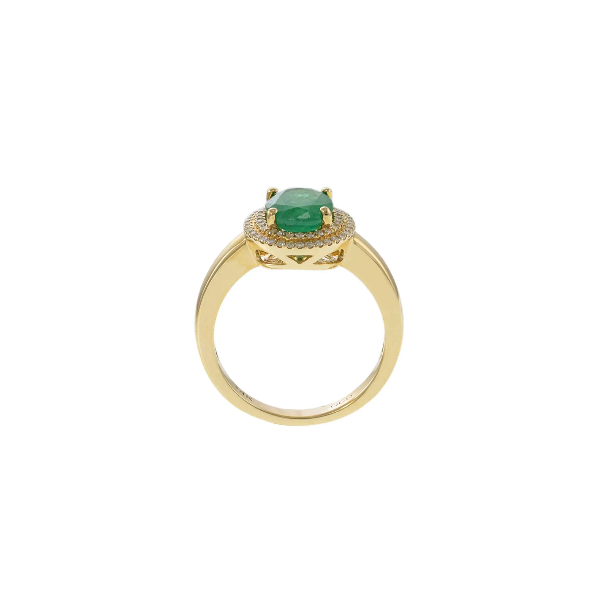 14KT Yellow Gold Oval Emerald with Round Cut Diamond Double Halo Ring