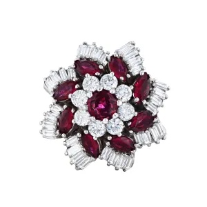 1.53ct Ruby and Mixed Cut Diamond Floral Cluster Ring | Pre-Loved | Platinum