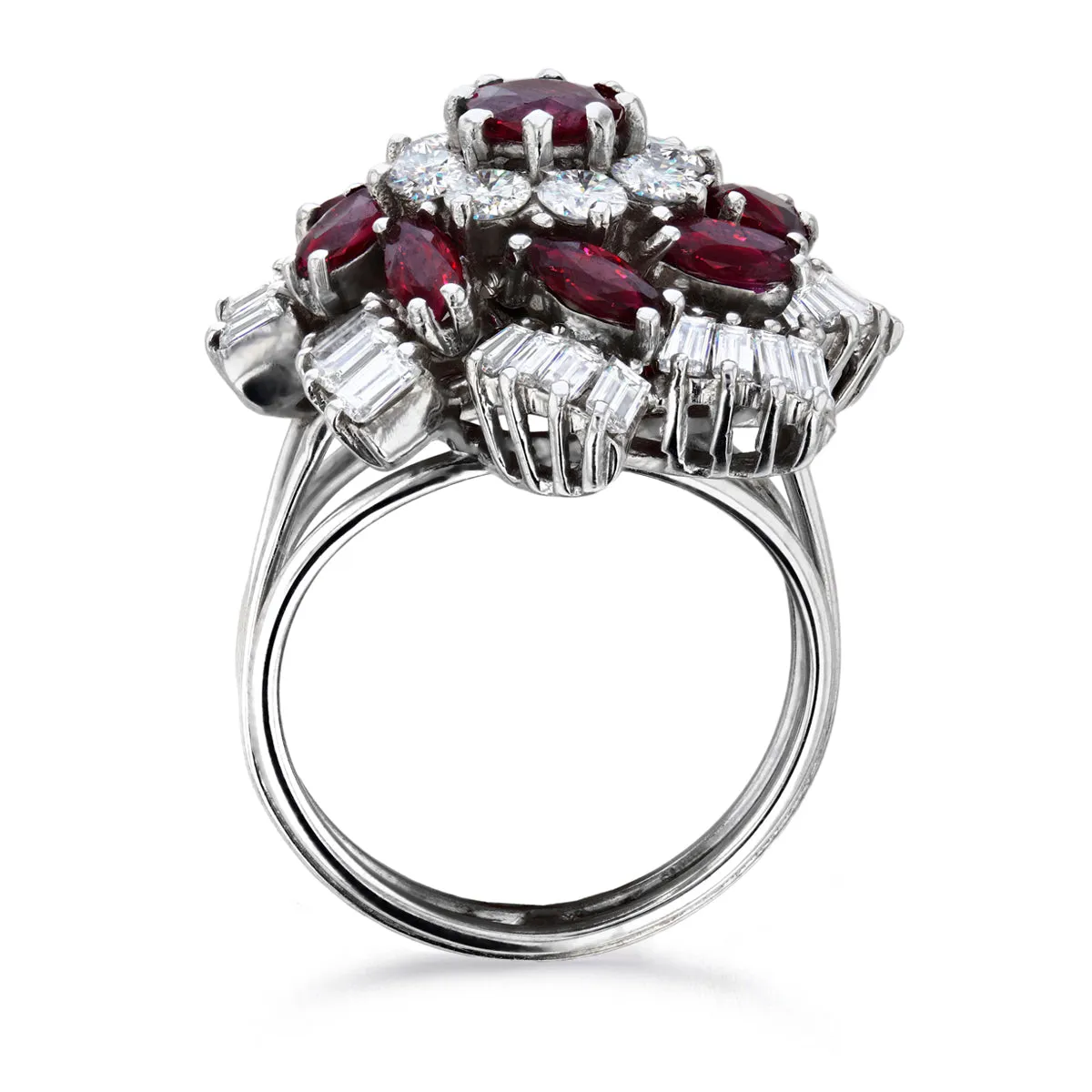 1.53ct Ruby and Mixed Cut Diamond Floral Cluster Ring | Pre-Loved | Platinum