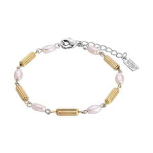 1928 Jewelry Faux Pearl Rice Bead & Cylindrical Gold Tone Bead Link Bracelet 7"   1.5" Extension