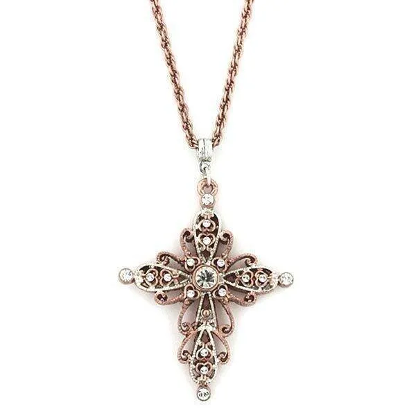 1928 Jewelry Filigree Rose Gold Tone Crystal Cross Pendant Necklace 30"