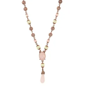 1928 Jewelry Rose Gold Faux Pearl Rose Quartz Y Necklace 16"   3" Extender