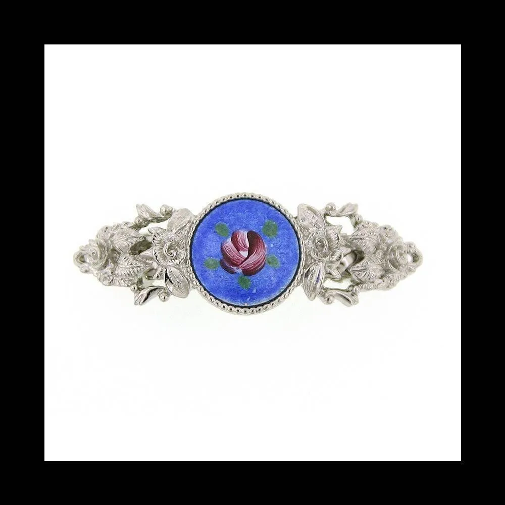 1928 Jewelry Round Blue Color And Pink Flower Decal Hair Barrette