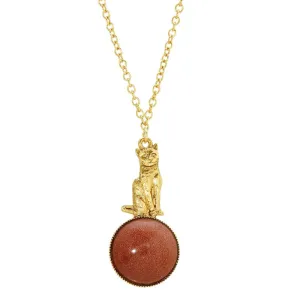 1928 Jewelry Sitting Cat On Round Gemstone Pendant Necklace 28"