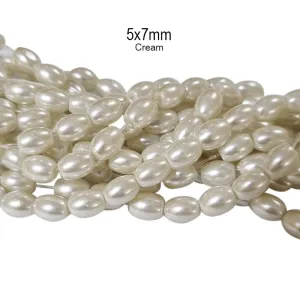 2 strings/lines Off-white color, Oval glass pearl beads, Approx 230  Beads in size about 5x7mm