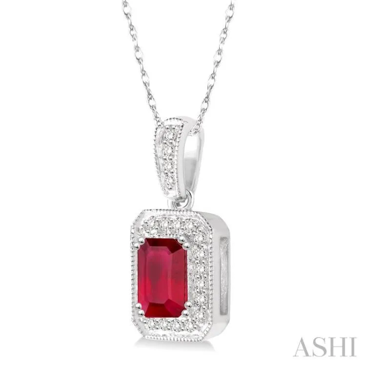 6x4  MM Emerald Shape Ruby and 1/5 Ctw Round Cut Diamond Pendant in 14K White Gold with Chain