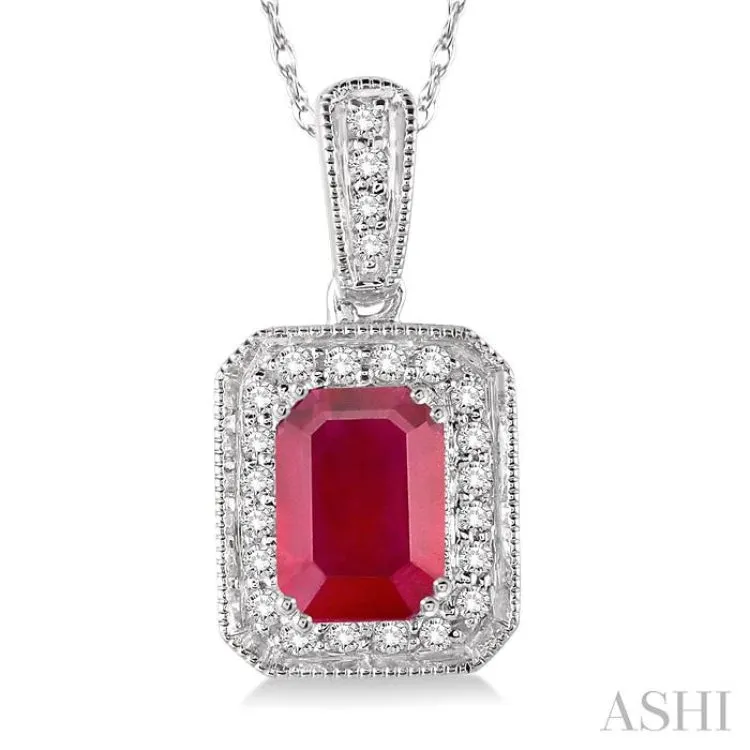 6x4  MM Emerald Shape Ruby and 1/5 Ctw Round Cut Diamond Pendant in 14K White Gold with Chain