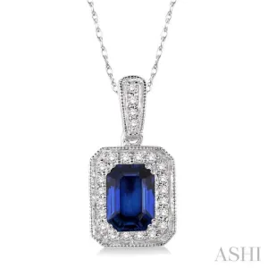 6x4  MM Emerald Shape Sapphire and 1/5 Ctw Round Cut Diamond Pendant in 14K White Gold with Chain