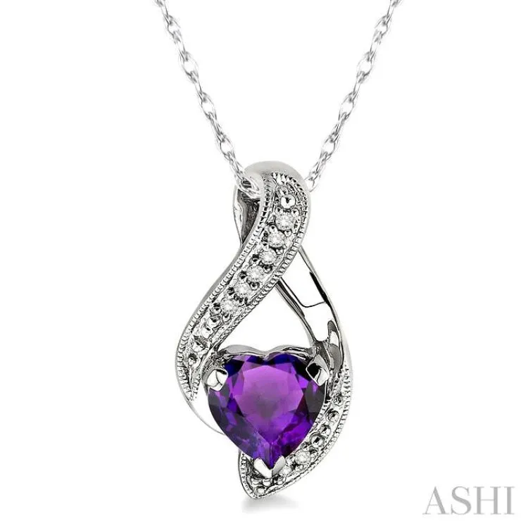 7mm Heart Shape Amethyst and 1/20 Ctw Single Cut Diamond Semi Precious Pendant in 14K White Gold with Chain