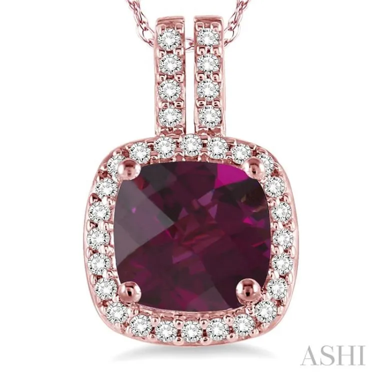 7x7 mm Cushion Cut Rhodolite Garnet and 1/5 Ctw Round Cut Diamond Pendant in 14K Rose Gold with Chain