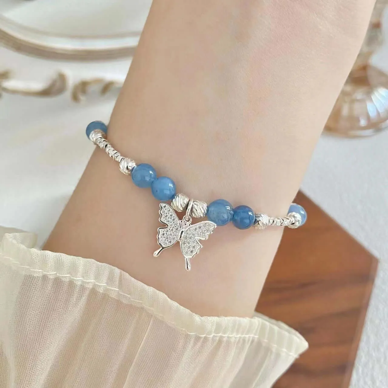 925 Silver Butterfly Aquamarine Bracelet