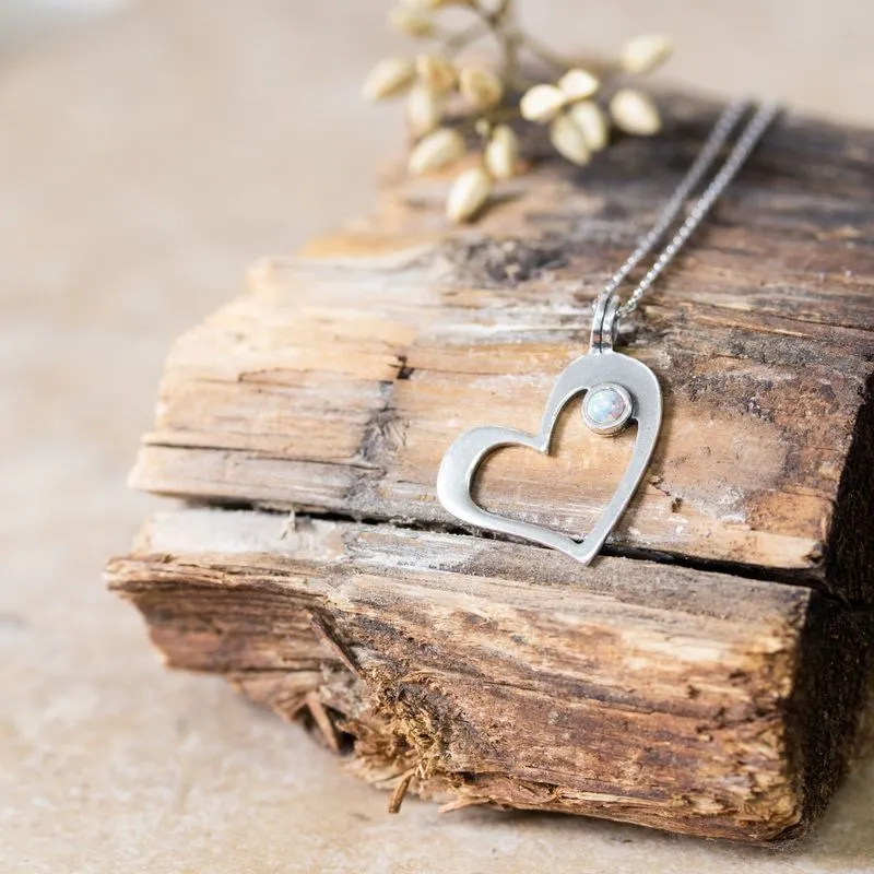 925 Silver Heart Shape Pendant inlaid with White Opal