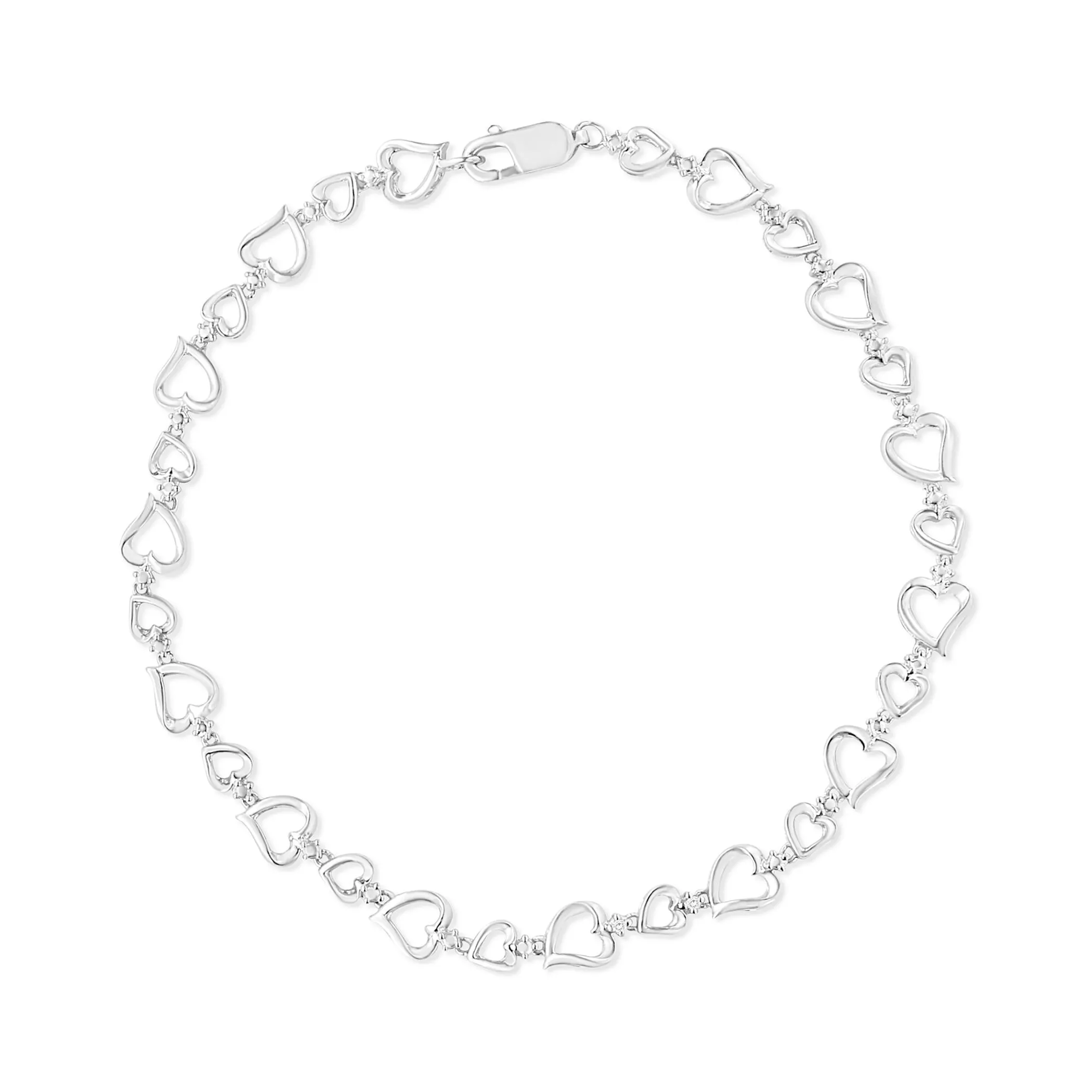 .925 Sterling Silver Prong Set Diamond Accent Alternating Heart Link Bracelet (I-J Color, I3 Clarity) - 7.25" Inches