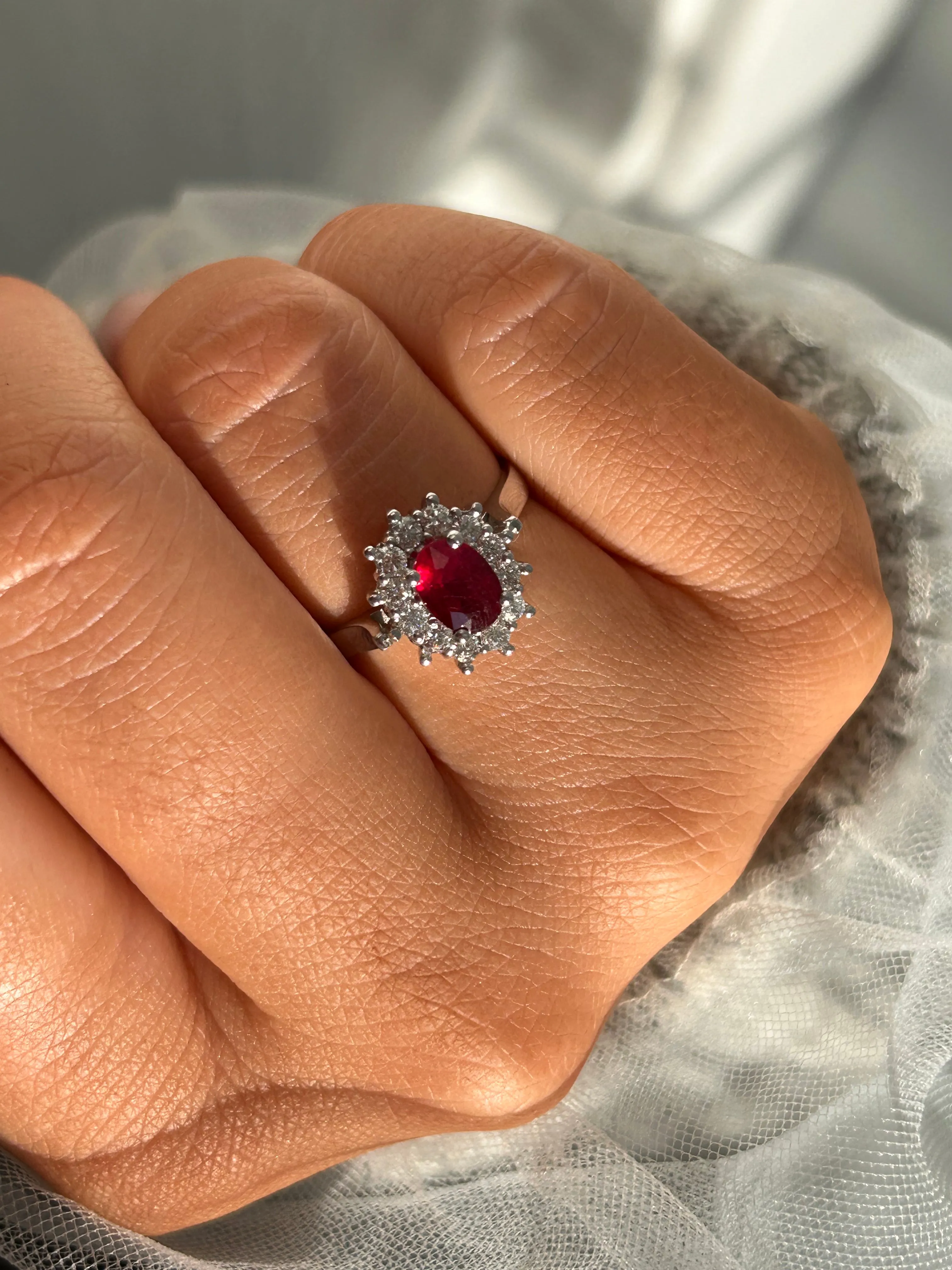 9ct White Gold Earth Grown Oval Ruby & Diamond Cluster Ring