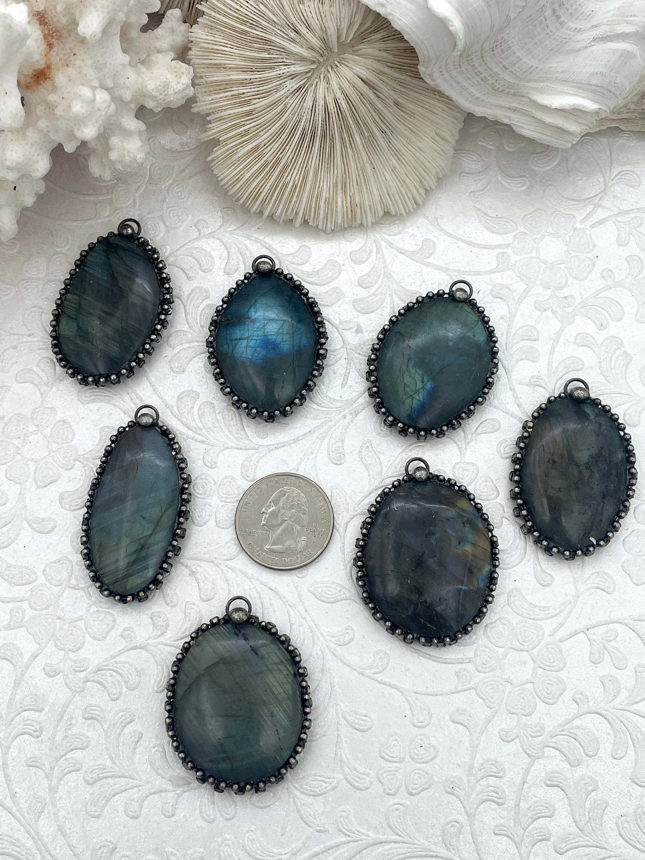 AA Labradorite Pendants with Textured Burnished Silver and CZ Soldered Bezel. Variety of sizes and stones, all unique. Fast Ship