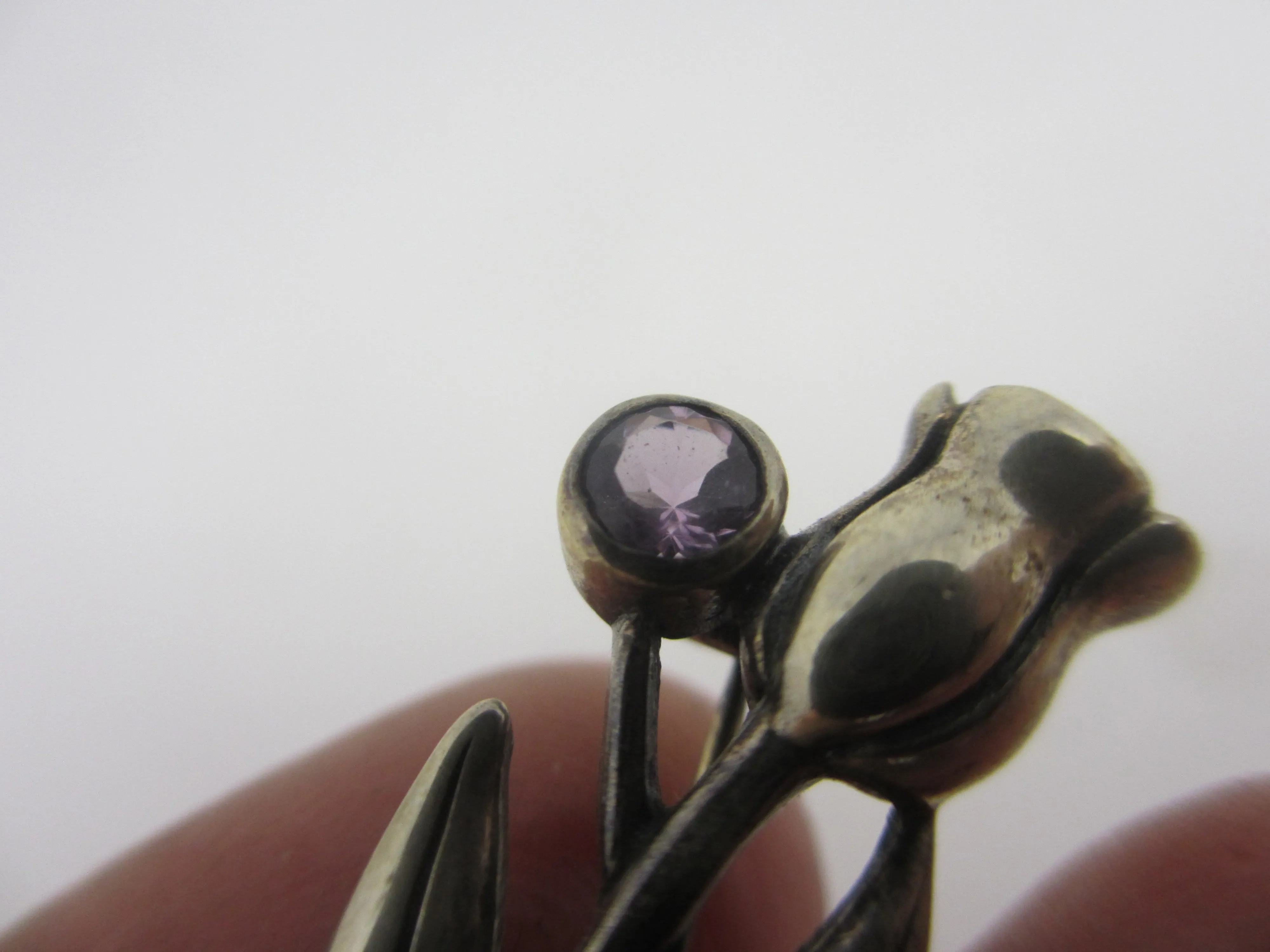 Amethyst Tulip Flower Sterling Silver Brooch Pin Vintage c1980