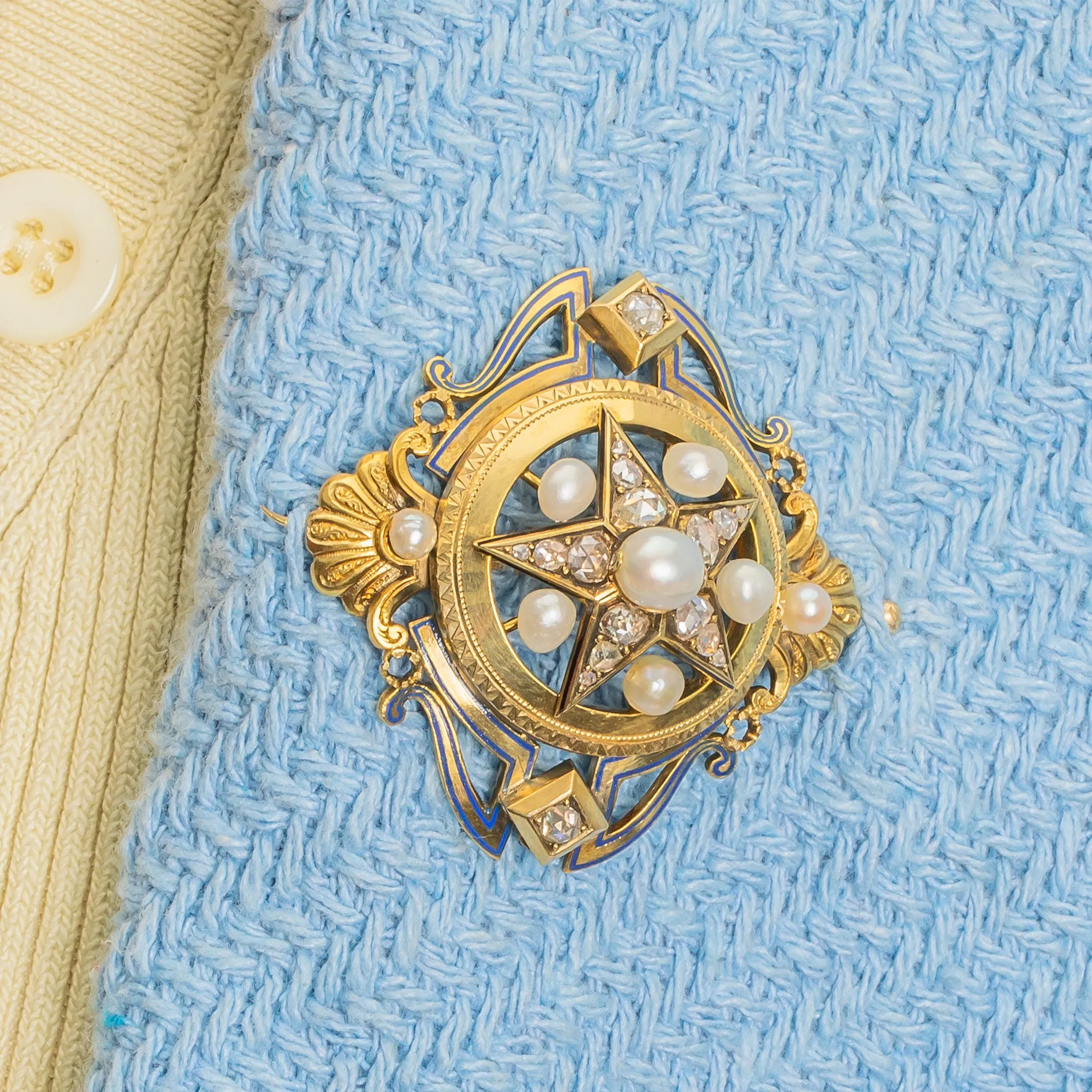 Antique 18ct Gold Rose-Cut Diamond Pearl Enamel Star Brooch, 1.10ct