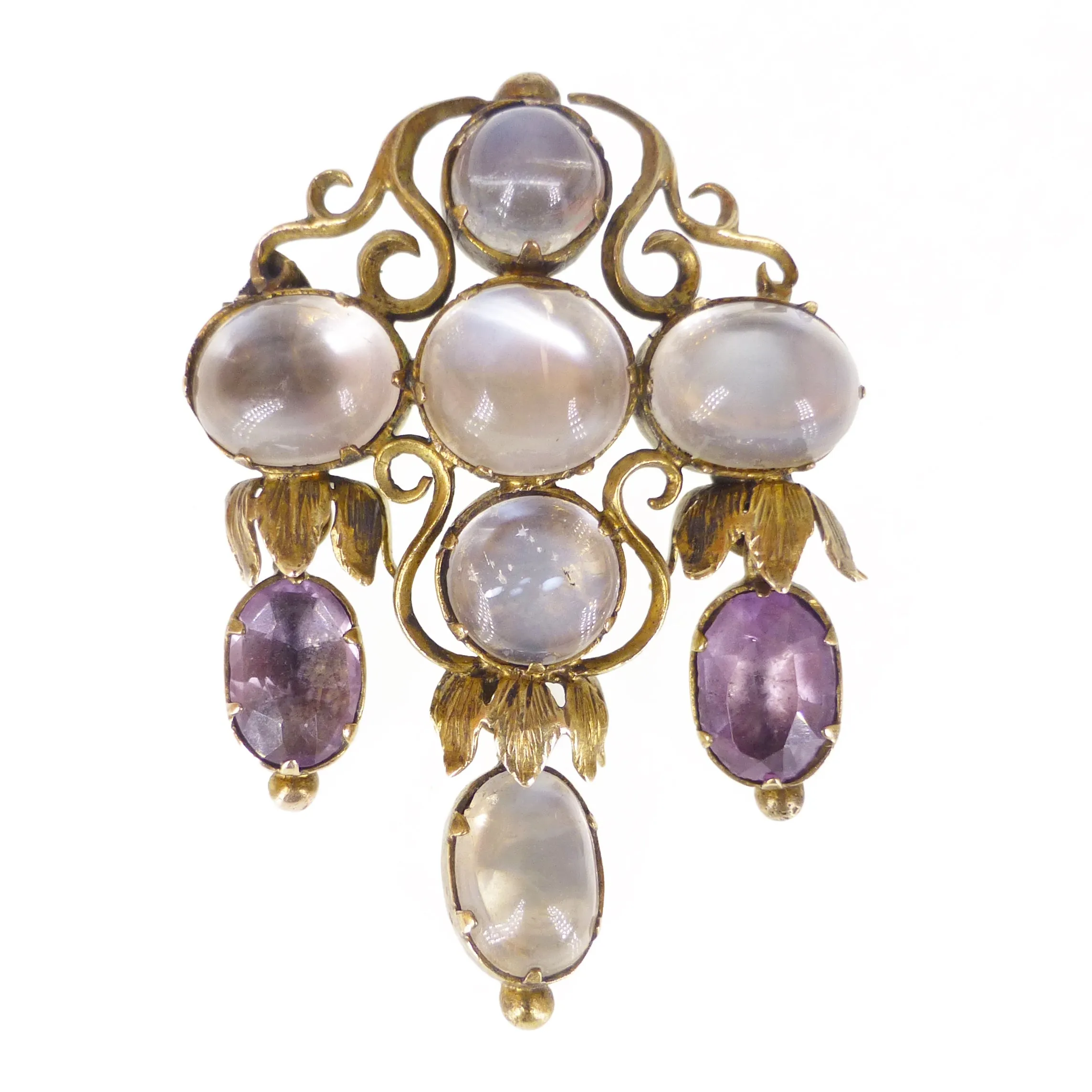 Antique Arts & Crafts Era Gold Moonstone & Amethyst Brooch