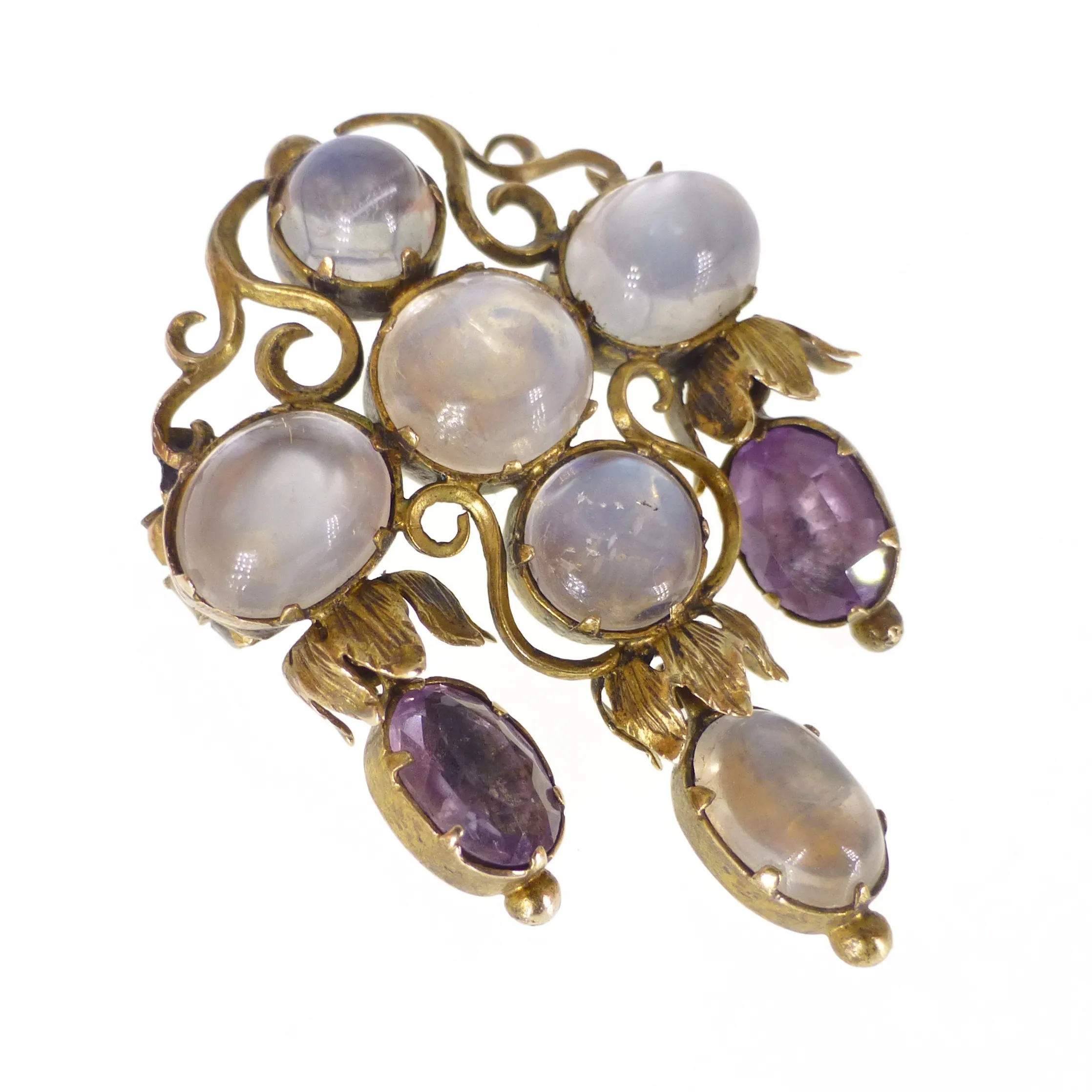 Antique Arts & Crafts Era Gold Moonstone & Amethyst Brooch