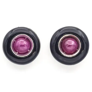 Antique Platinum & 14K Yellow Gold Onyx & Ruby Stud Earrings 9.5 mm