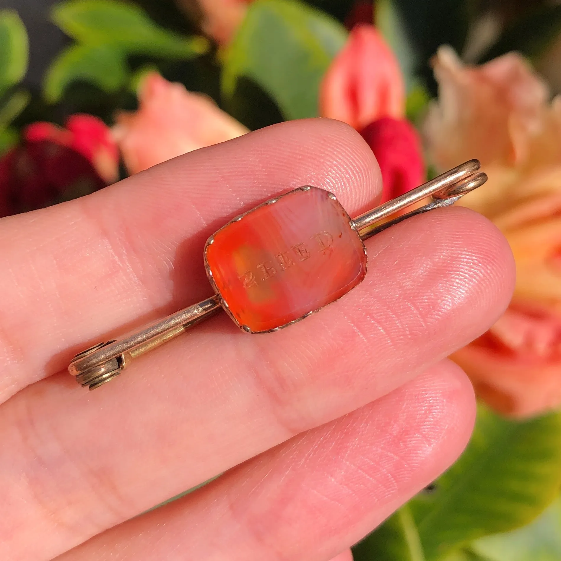 Antique Rolled Gold 'Speed' Carnelian Intaglio Brooch