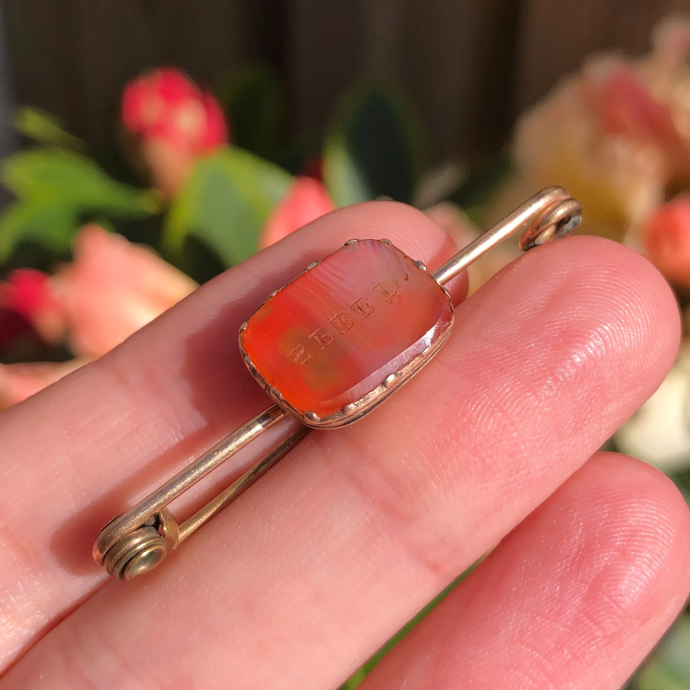 Antique Rolled Gold 'Speed' Carnelian Intaglio Brooch