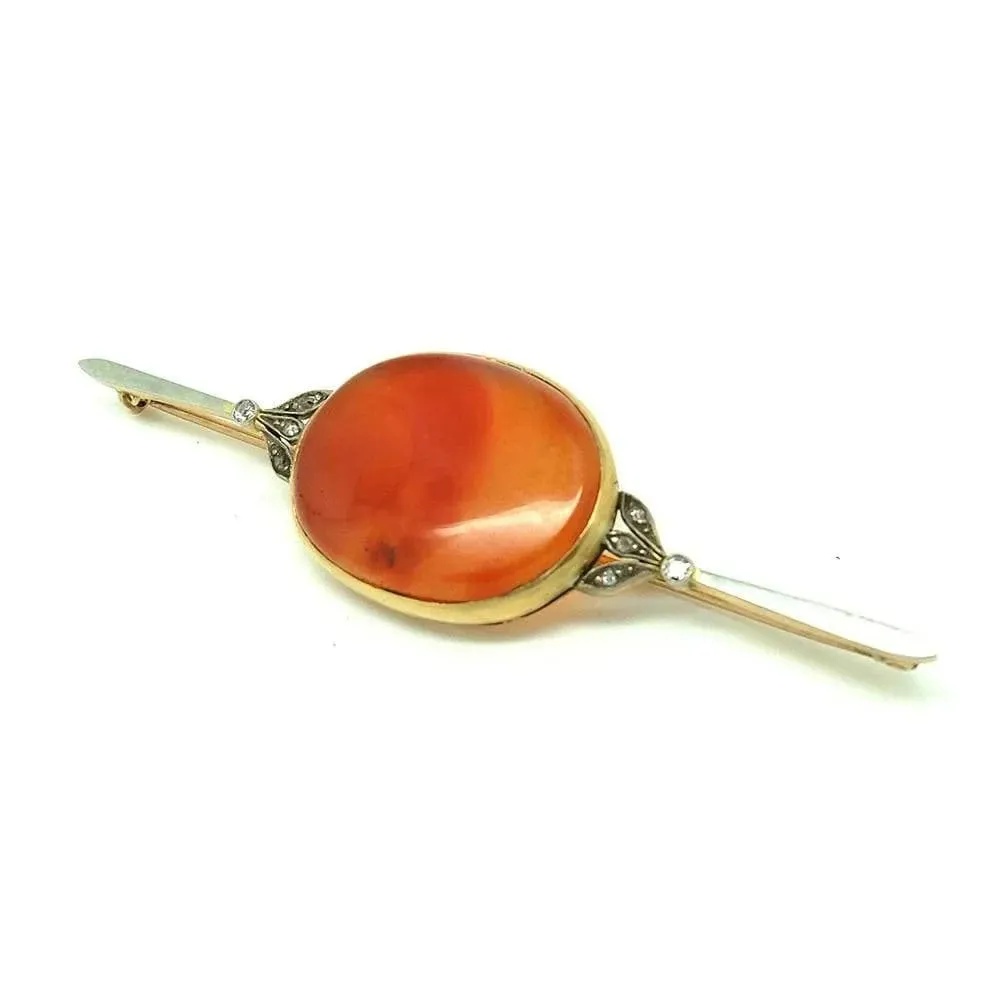 Antique Victorian Diamond Carnelian 15ct Yellow Gold Brooch