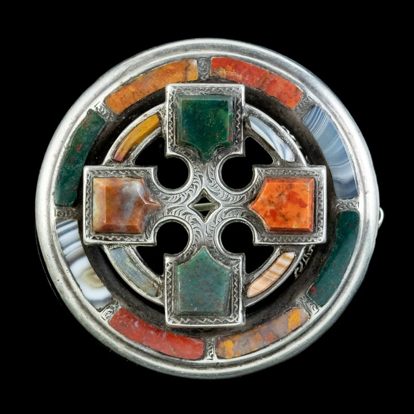 Antique Victorian Scottish Agate Cross Brooch Silver Circa 1860