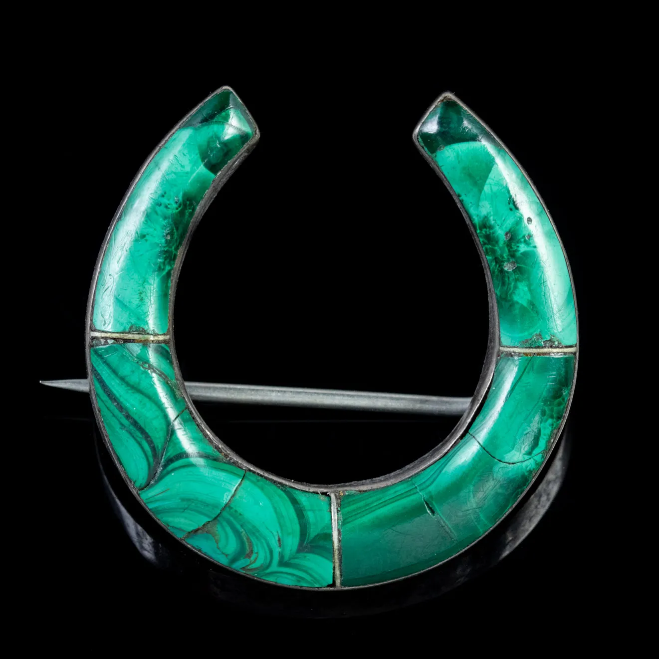 Antique Victorian Scottish Malachite Horseshoe Brooch Silver Circa 1860