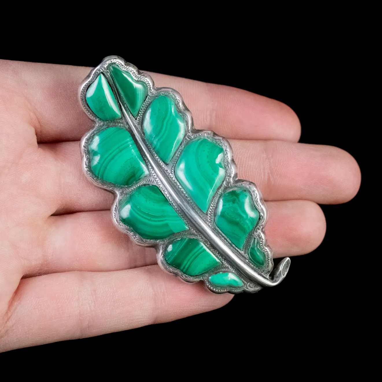 Antique Victorian Scottish Malachite Oak Leaf Brooch Silver Circa 1860